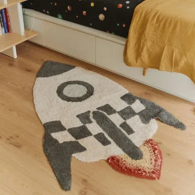 Lorena Canals Mom, I Want To Be An Astronaut Washable Rug Rocket 4' 5" X 2' 9" In White