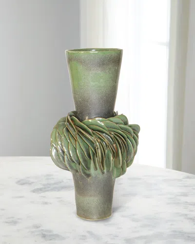 Lorene Cavagna Ceramique Onde Stoneware Vase, 11" In Green