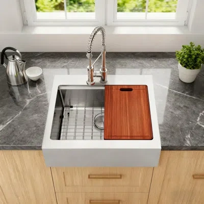 Lorenz 26" L X 22" W Workstation Farmhouse Apron Front Kitchen Sink 16 Gauge Stainless Steel Single Bowl Wi