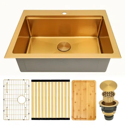 Lorenz 28" L X 22" W Single Bowl Drop In Topmount 16 Gauge Stainless Steel Workstation Kitchen Sink With Ac In Gold
