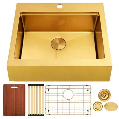 Lorenz 28" L X 22" W Workstation Farmhouse Apron Front Kitchen Sink 16 Gauge Stainless Steel Single Bowl Wi In Gold