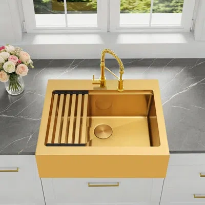 Lorenz 30" L X 22" W Workstation Farmhouse Apron Front Kitchen Sink 16 Gauge Stainless Steel Single Bowl Wi In Gold