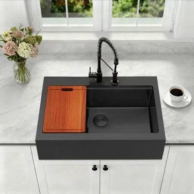 Lorenz 33" L X 22" W Workstation Farmhouse Apron Front Kitchen Sink 16 Gauge Stainless Steel Single Bowl Wi In Black
