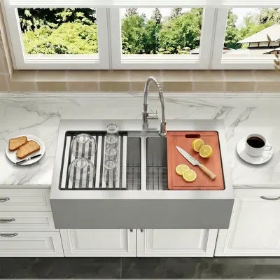 Lorenz 36‘' L X 22'' W Farmhouse 50/50 Double Bowl Stainless Steel Kitchen Sink With Accessories