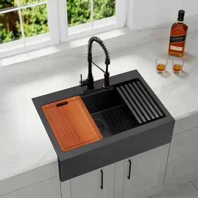 Lorenz 36" L X 22" W Workstation Farmhouse Apron Front Kitchen Sink 16 Gauge Stainless Steel Single Bowl Wi In Black