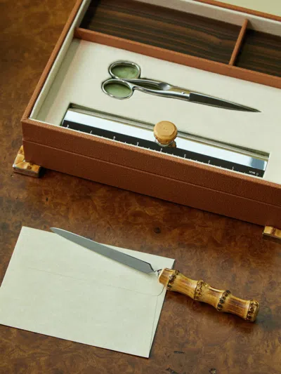 Lorenzi Milano Bamboo And Leather Desk Set  Abask Gift Set In Brown