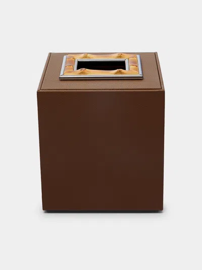 Lorenzi Milano Bamboo And Leather Tissue Box In Brown