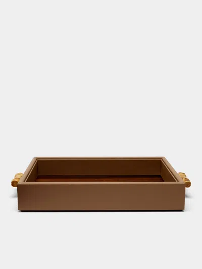 Lorenzi Milano Bamboo And Leather Tray  Abask Luxury Gift In Brown