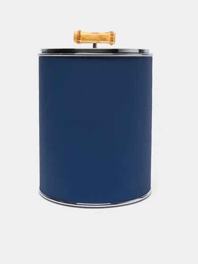 Lorenzi Milano Bamboo And Leather Wastepaper Bin  Abask Luxury Gift In Blue