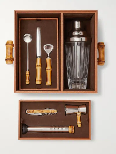 Lorenzi Milano Bamboo, Leather And Stainless Steel Cocktail Set In Brown