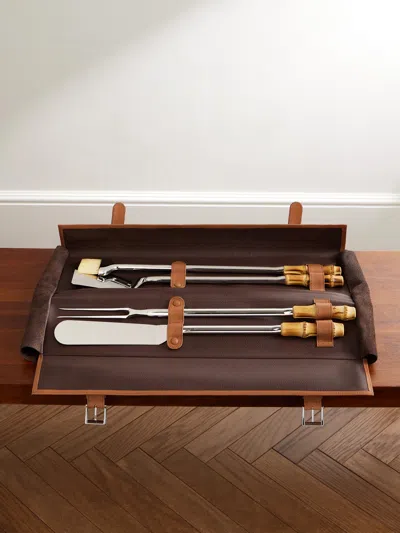Lorenzi Milano Bamboo, Leather And Stainless Steel Travel Bbq Set In Brown