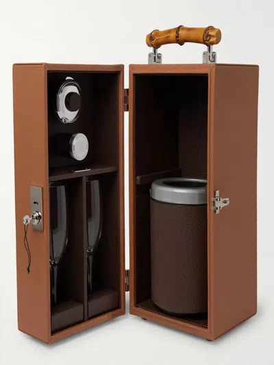 Lorenzi Milano Full-grain Leather And Bamboo Travel Champagne Cabinet In Brown