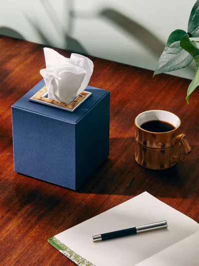 Lorenzi Milano Leather And Bamboo Tissue Box  Abask Luxury Gift In  Blue And Brown