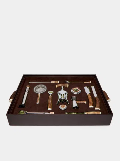Lorenzi Milano Leather And Stag Antler Bar Set  Abask Gift Set In Brown