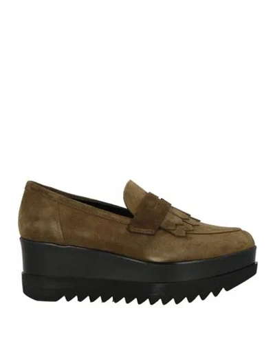 Lorenzo Mari Woman Loafers Military Green Size 8 Leather