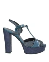 Lorenzo Mari Woman Sandals Midnight Blue Size 8 Leather, Textile Fibers