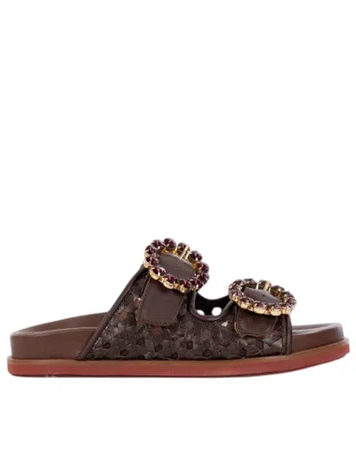 Lorenzo Mari Women's Slippers  - Black Leather Braid - Brown
