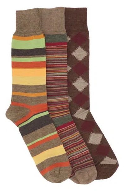 Lorenzo Uomo Assorted 3-pack Wool Blend Crew Socks In Brown Multi