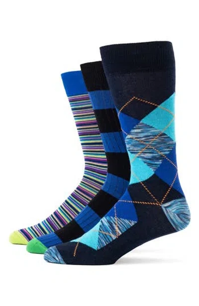 Lorenzo Uomo Mixed Pattern 3-pack Assorted Crew Socks In Blue