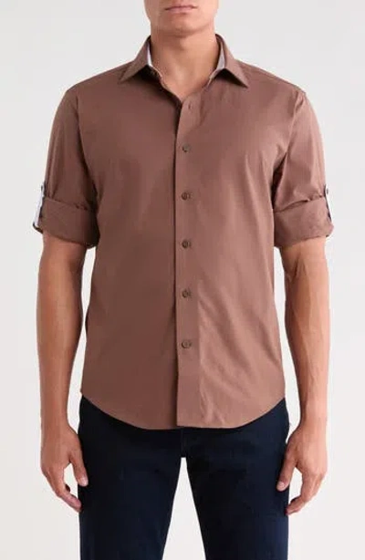 Lorenzo Uomo Solid Trim Fit Long Sleeve Cotton Shirt In Coffee
