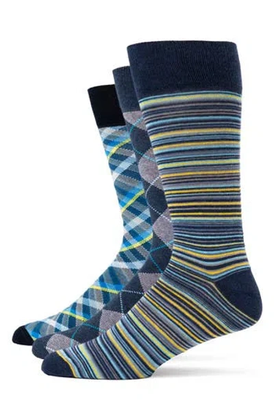 Lorenzo Uomo Stripe Plaid Argyle 3-pack Assorted Crew Socks In Blue