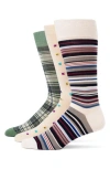 Lorenzo Uomo Stripe Square Plaid 3-pack Assorted Crew Socks In Cream