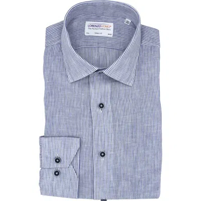 Lorenzo Uomo Striped Linen Trim Fit Dress Shirt In White/blue