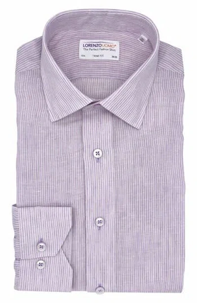 Lorenzo Uomo Striped Trim Fit Linen Shirt In White/lavender