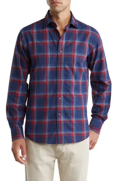 Lorenzo Uomo Trim Fit Plaid Flannel Cotton Dress Shirt In Navy/red