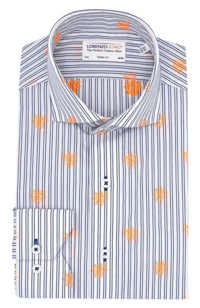 Lorenzo Uomo Trim Fit Stripe Neon Embroidery Dress Shirt In White/blue