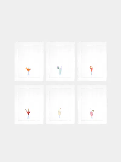Loretta Caponi Aperitivo Hand-embroidered Linen Cocktail Napkins (set Of 6)  Abask Gift Set In White