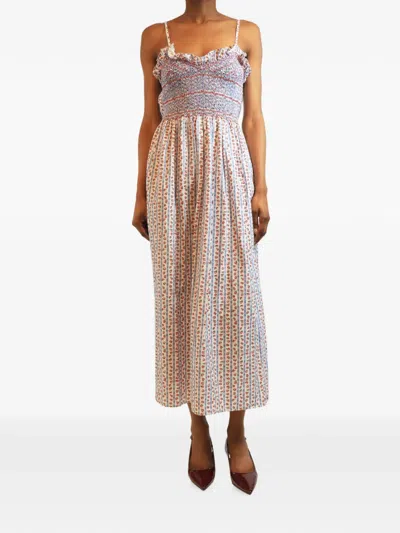 Pre-owned Loretta Caponi Bianca Smocked Midi Dress In White