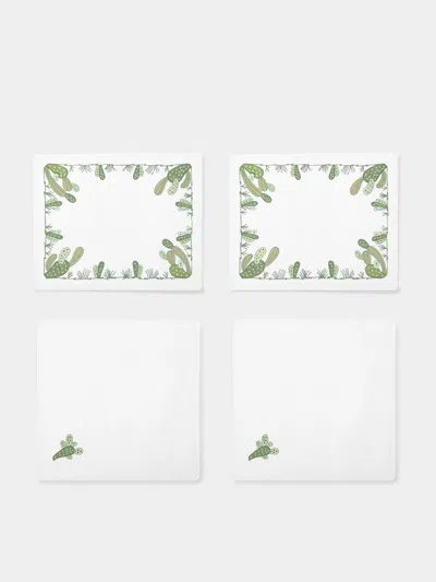 Loretta Caponi Cactus Hand-embroidered Linen Placemats And Napkins (set Of 2)  Abask Gift Set In Green