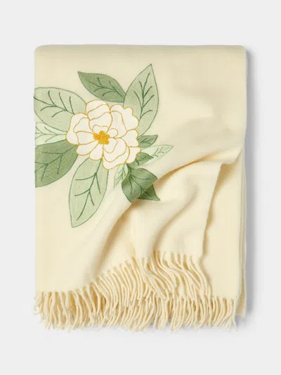 Loretta Caponi Camellia Hand-embroidered Wool Blanket  Abask Luxury Gift In Neutral