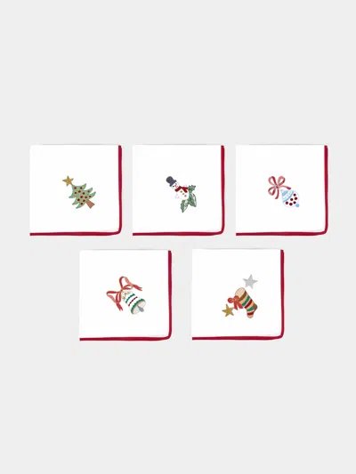 Loretta Caponi Christmas Hand-embroidered Linen Napkins (set Of 6)  Abask Gift Set In Red