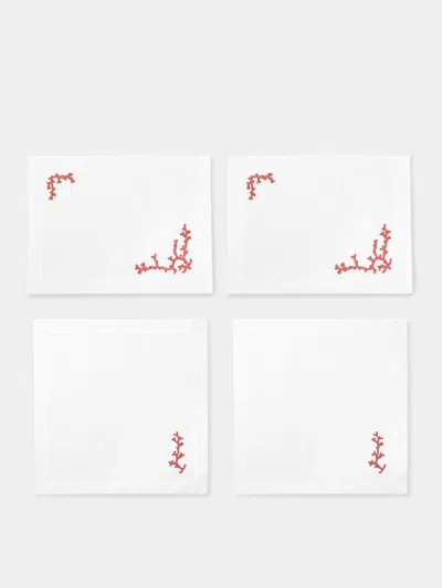 Loretta Caponi Coral Ajour Hand-embroidered Linen Placemats And Napkins (set Of 2)  Abask Gift Set In Red