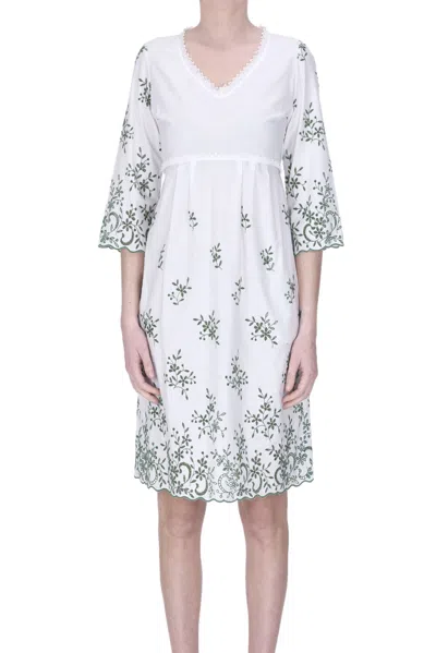 Loretta Caponi Embroidered Cotton Dress In White