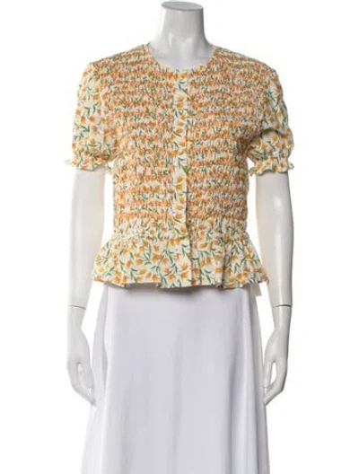 Pre-owned Loretta Caponi Floral Print Crew Neck Blouse In Blue