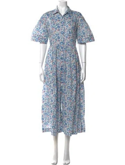 Pre-owned Loretta Caponi Floral Print Long Dress In Blue