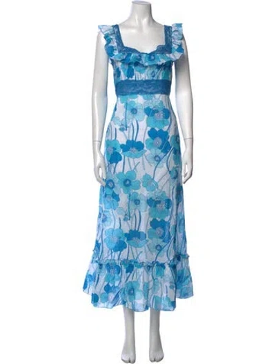 Pre-owned Loretta Caponi Floral Print Long Dress In Blue