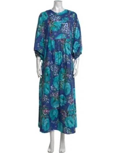 Pre-owned Loretta Caponi Floral Print Long Dress In Blue