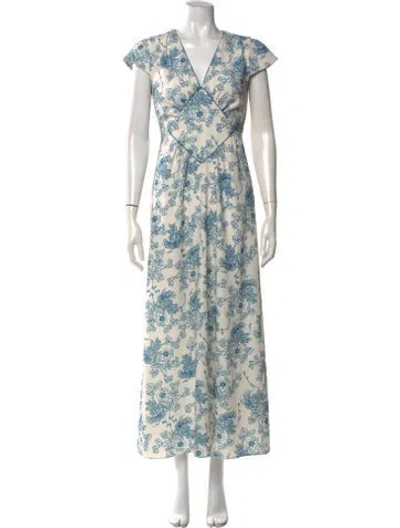 Pre-owned Loretta Caponi Floral Print Long Dress In Blue/neutrals
