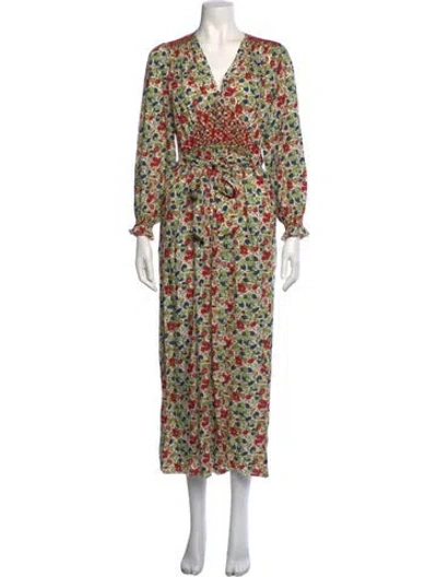 Pre-owned Loretta Caponi Floral Print Long Dress In Green