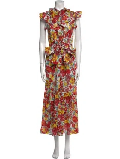 Pre-owned Loretta Caponi Floral Print Long Dress In Red