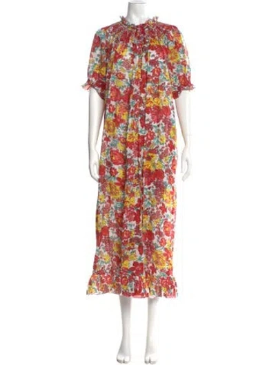 Pre-owned Loretta Caponi Floral Print Long Dress In Red