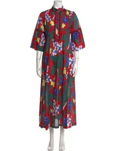Pre-owned Loretta Caponi Floral Print Long Dress In Red