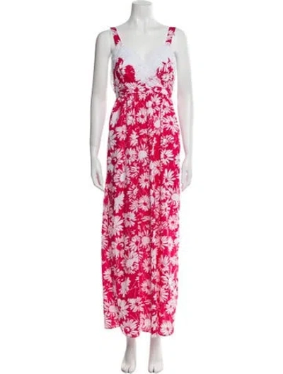 Pre-owned Loretta Caponi Floral Print Long Dress W/ Tags In Red