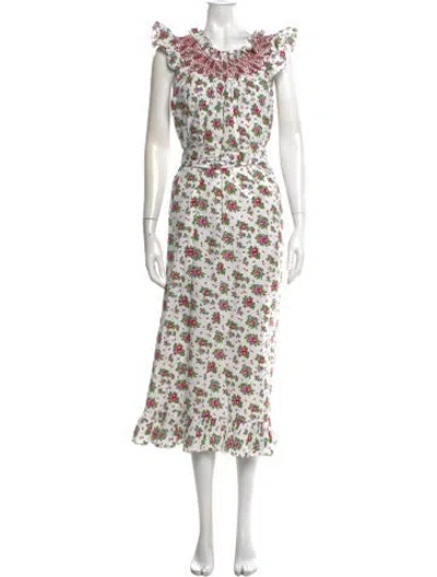 Pre-owned Loretta Caponi Floral Print Long Dress In White