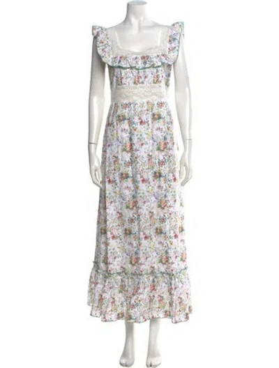 Pre-owned Loretta Caponi Floral Print Long Dress In White