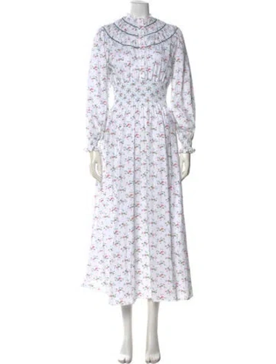 Pre-owned Loretta Caponi Floral Print Long Dress In White